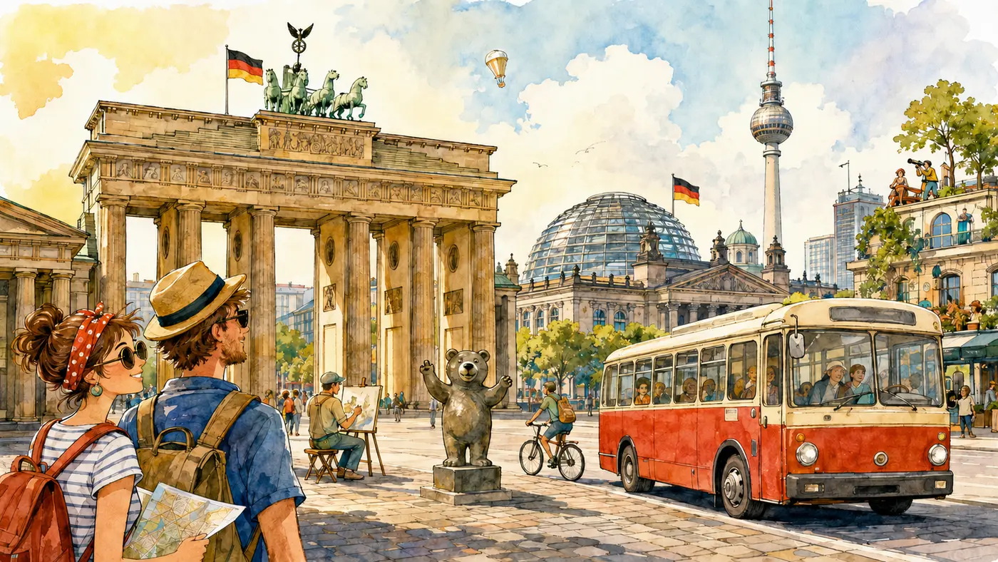 Aquarell von Berlin mit Brandenburger Tor, Reichstag, Fernsehturm und Deutschlandfahnen