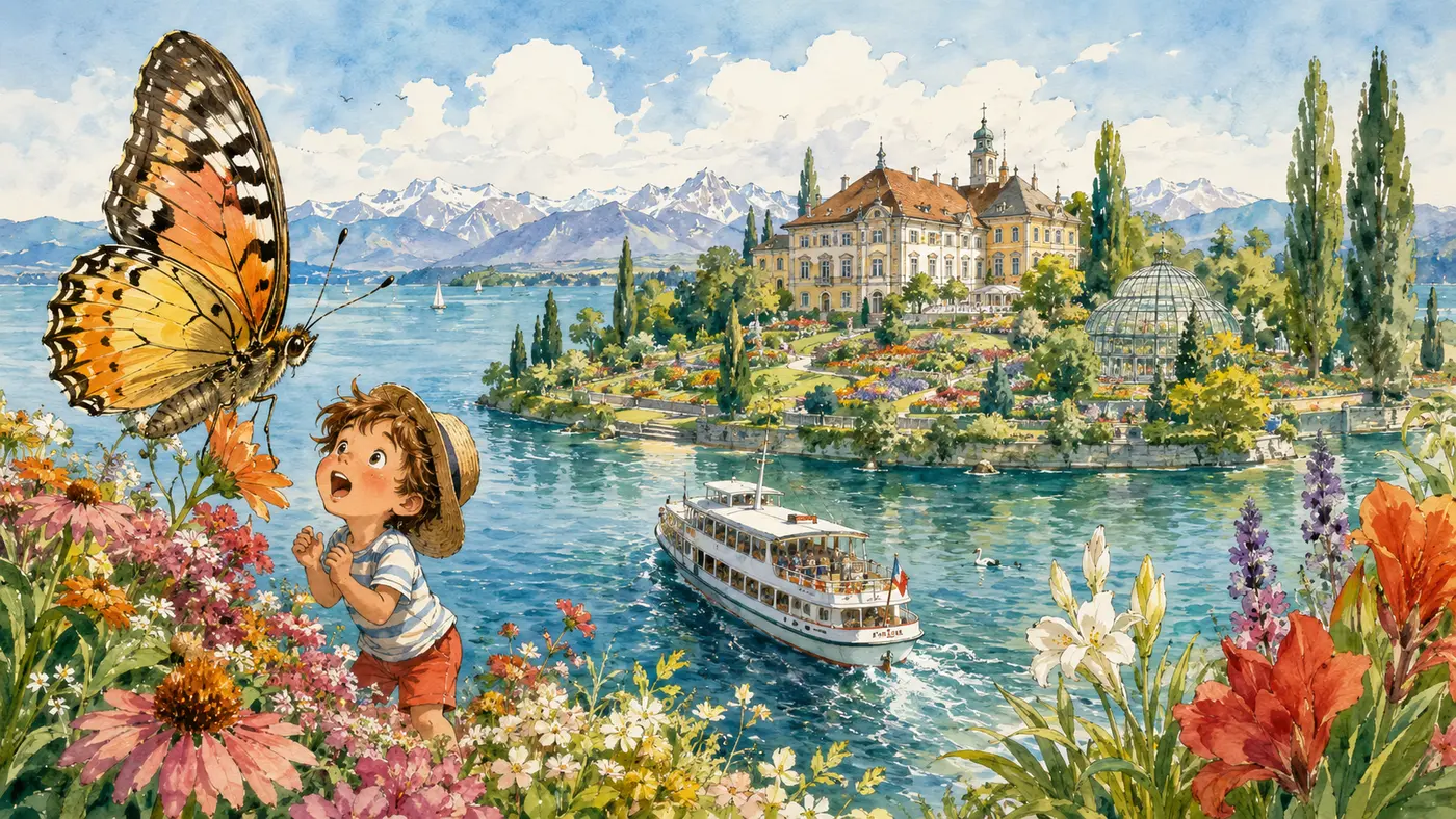 Aquarell von Bodensee und Insel Mainau mit Blumen, Schloss, Schiff und Schmetterling