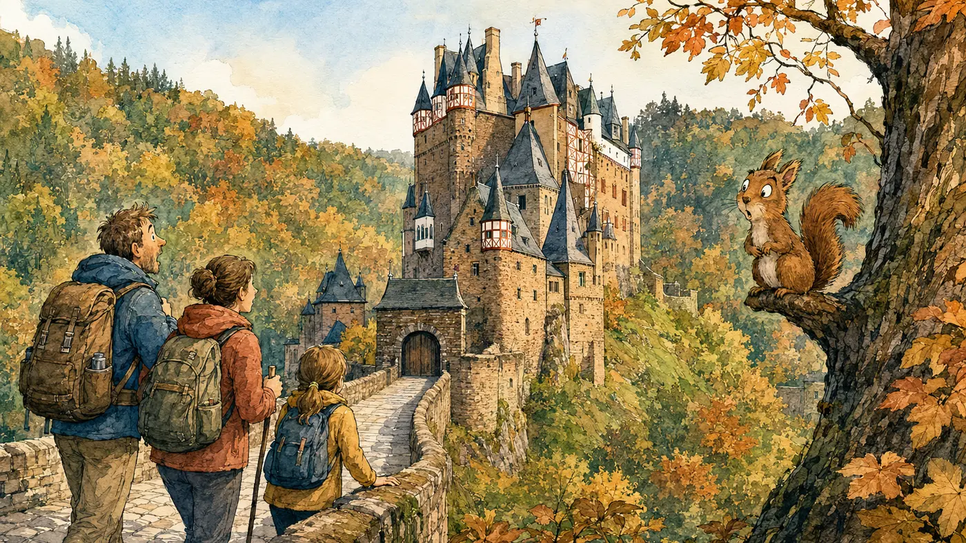 Aquarell von Burg Eltz im bewaldeten Eltzer Tal mit Wanderern