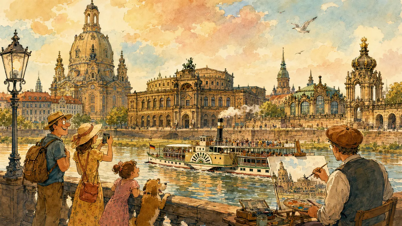 Aquarell von Dresden mit Frauenkirche, Semperoper, Zwinger und Elbdampfer