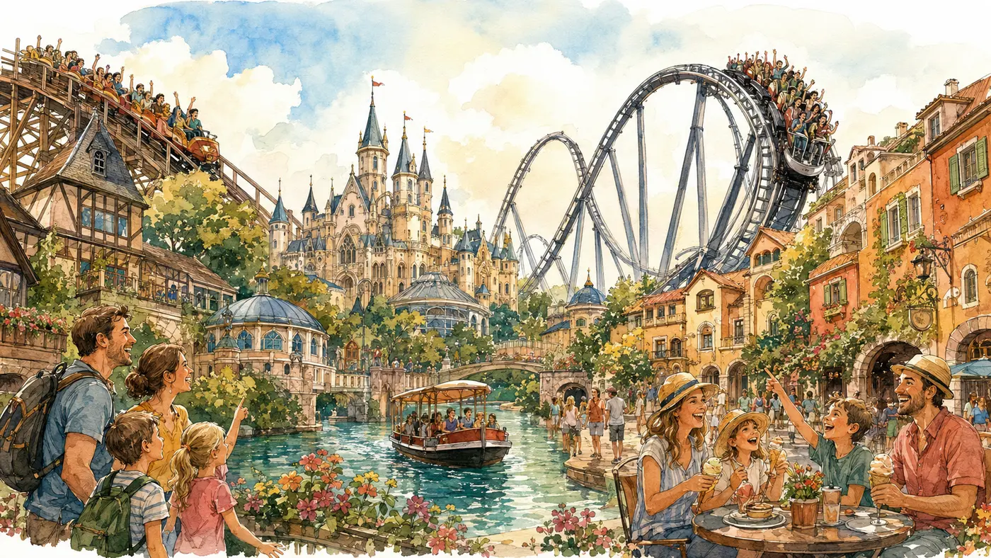 Aquarell mit Achterbahnen und europäischen Themenbereichen im Europa-Park