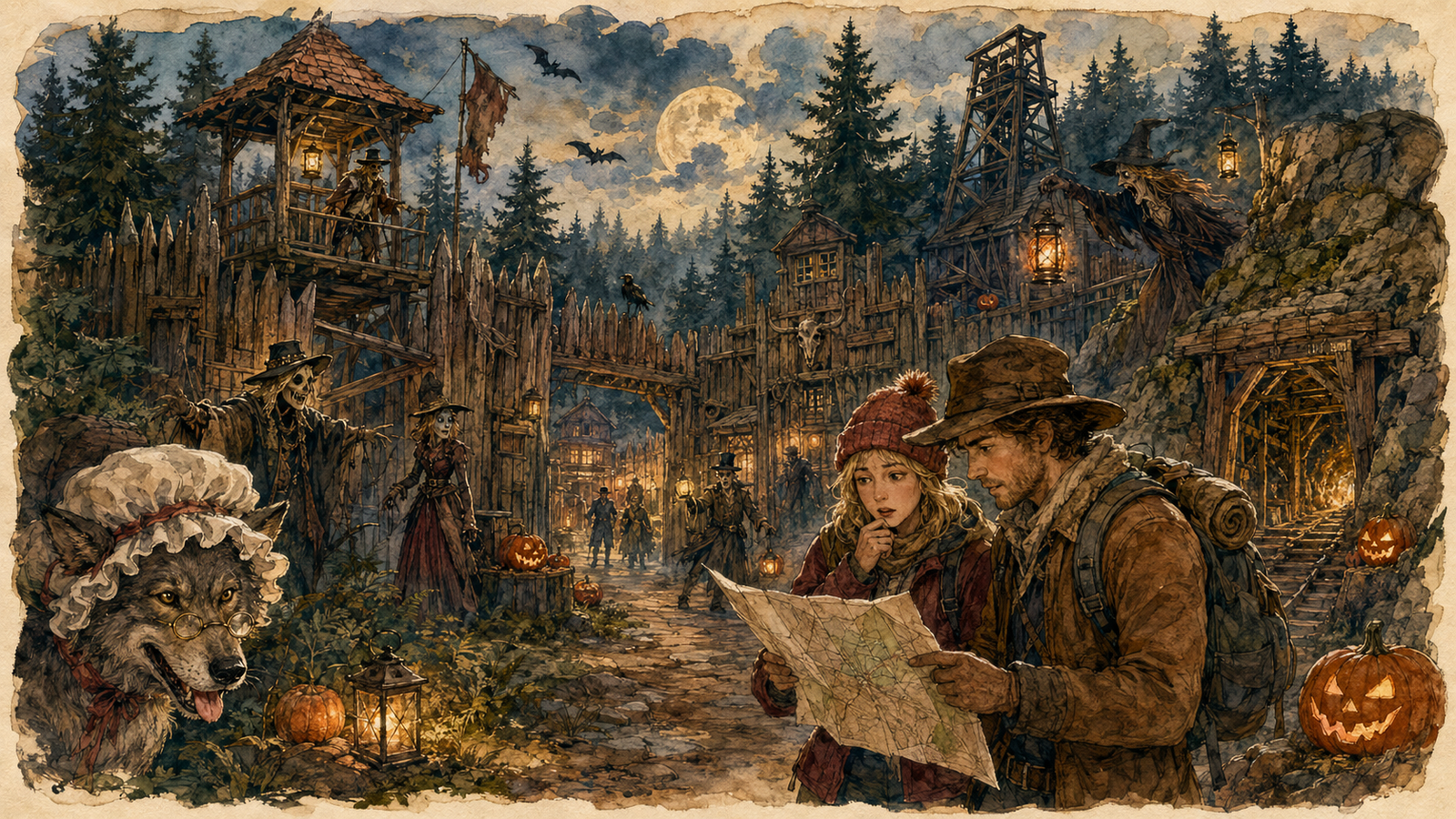 Nächtliches Aquarell des FORT FEAR Horrorland im Sauerland
