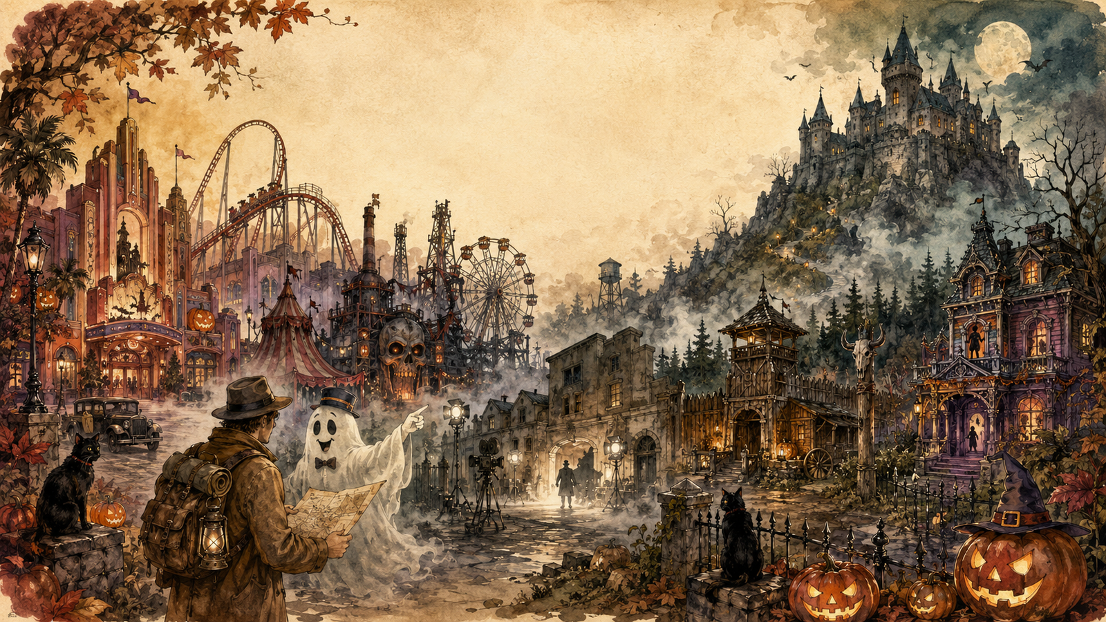 Aquarell-Collage deutscher Halloween-Events mit Burgen, Filmkulissen und Fahrgeschäften