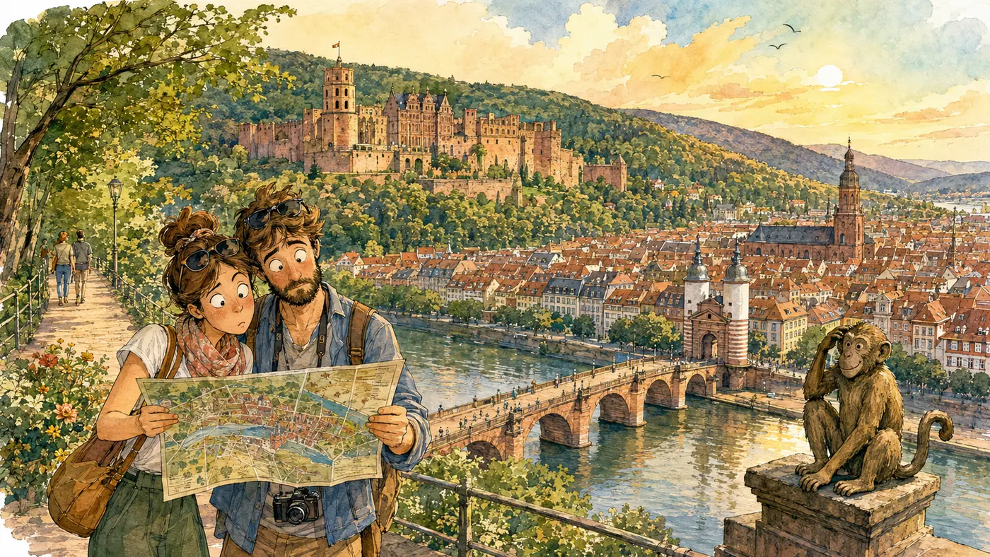 Aquarell von Heidelberg mit Schloss, Alter Brücke, Neckar und Philosophenweg