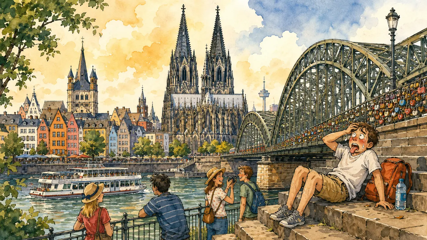 Aquarell von Kölner Dom, Hohenzollernbrücke, Rhein und Altstadt