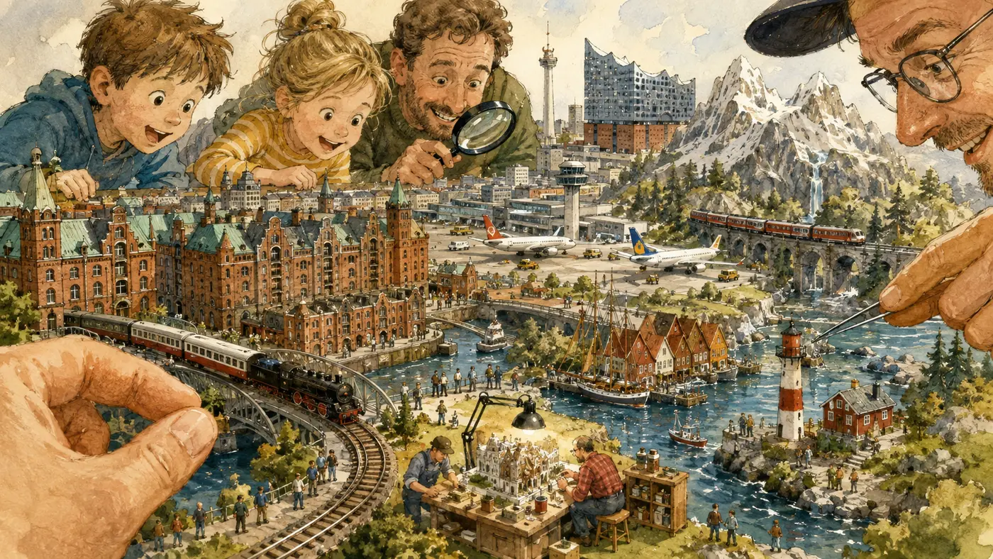Aquarell mit Miniatur Wunderland, Speicherstadt, Zügen und Miniaturwelten