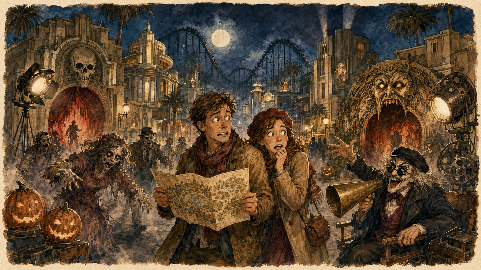 Aquarell des Halloween Horror Festivals im Movie Park