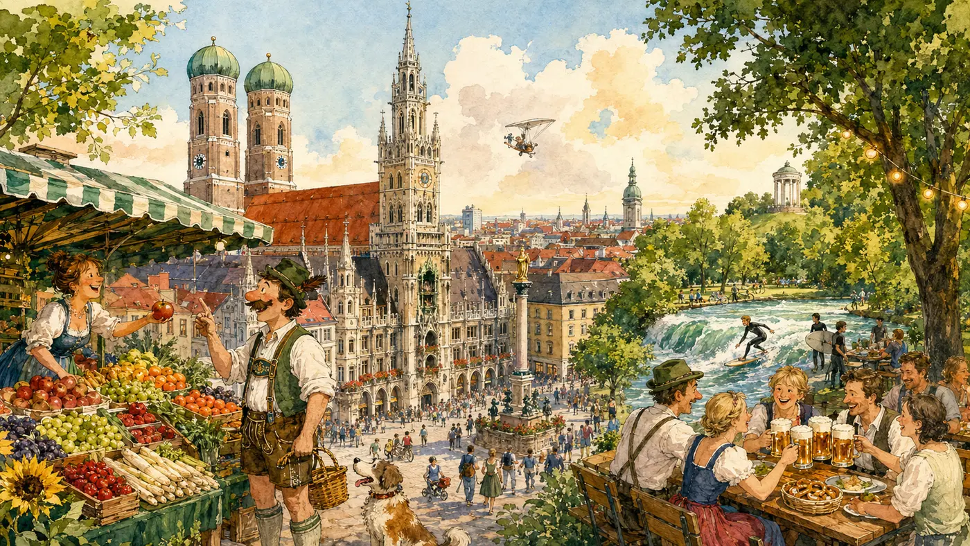 Aquarell von München mit Marienplatz, Frauenkirche, Viktualienmarkt und Englischem Garten