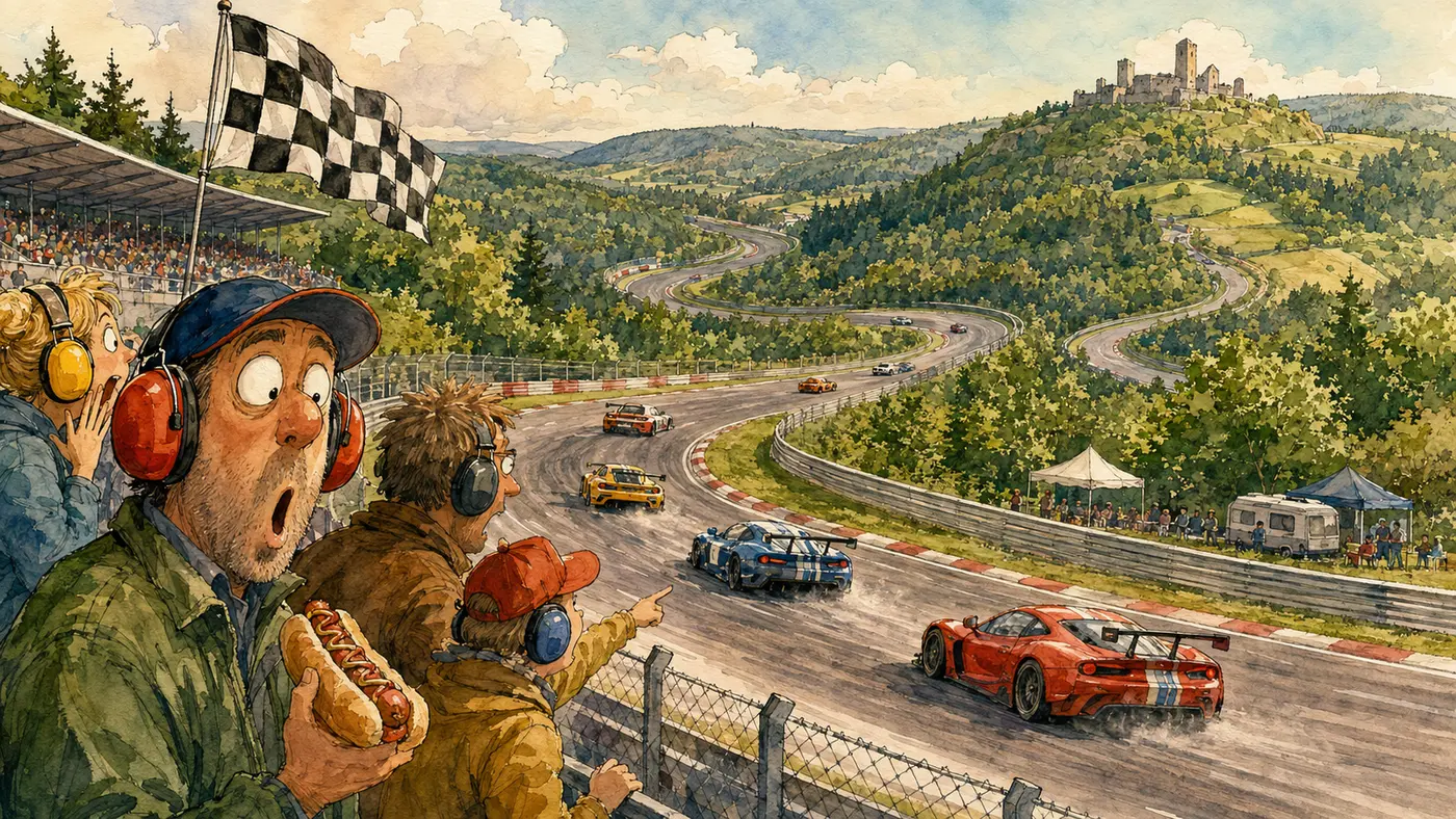 Aquarell mit Nordschleife, Rennwagen und Zuschauern am Nürburgring