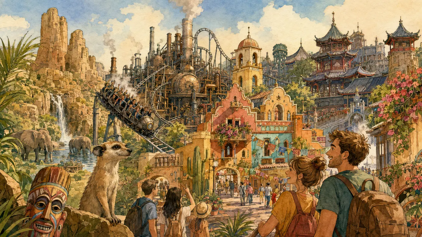 Aquarell mit Achterbahnen und fantasievollen Themenwelten im Phantasialand