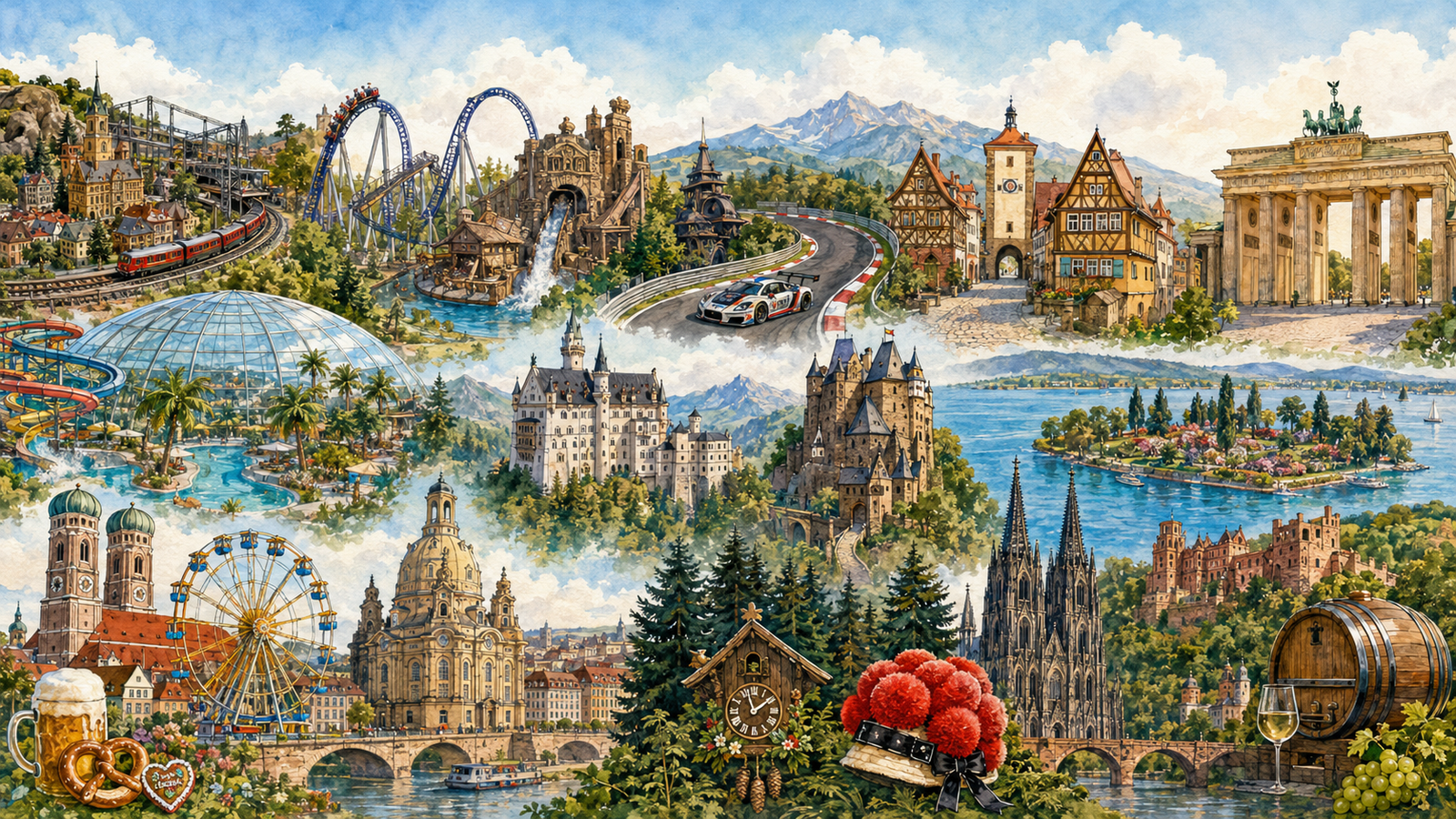 Aquarell-Panorama mit 15 beliebten Ausflugszielen in Deutschland