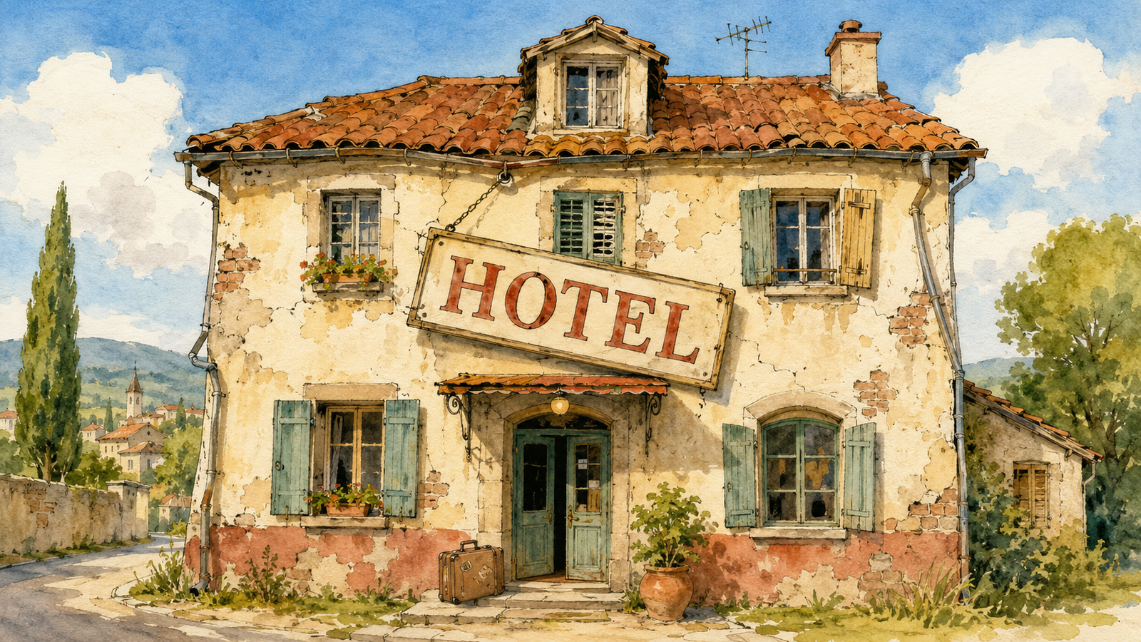 Humorvolles Aquarell eines alten Hotels mit schiefem HOTEL-Schild
