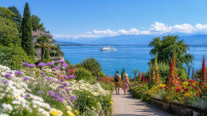 Blumengärten der Insel Mainau mit Blick über den Bodensee