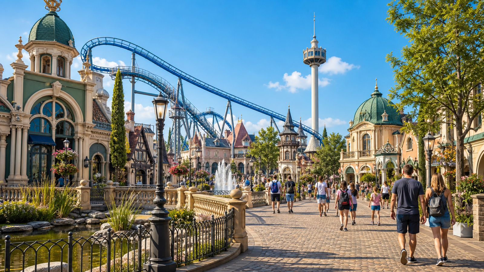 Reisefoto mit Achterbahnen und fantasievollen Themenwelten im Phantasialand