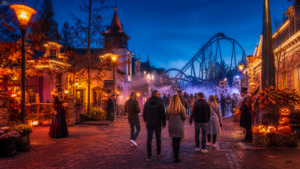 Stimmungsvoller Halloween-Abend in einem Freizeitpark