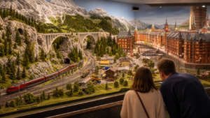 Reisende vor einer detailreichen Modellbahnwelt in Hamburg