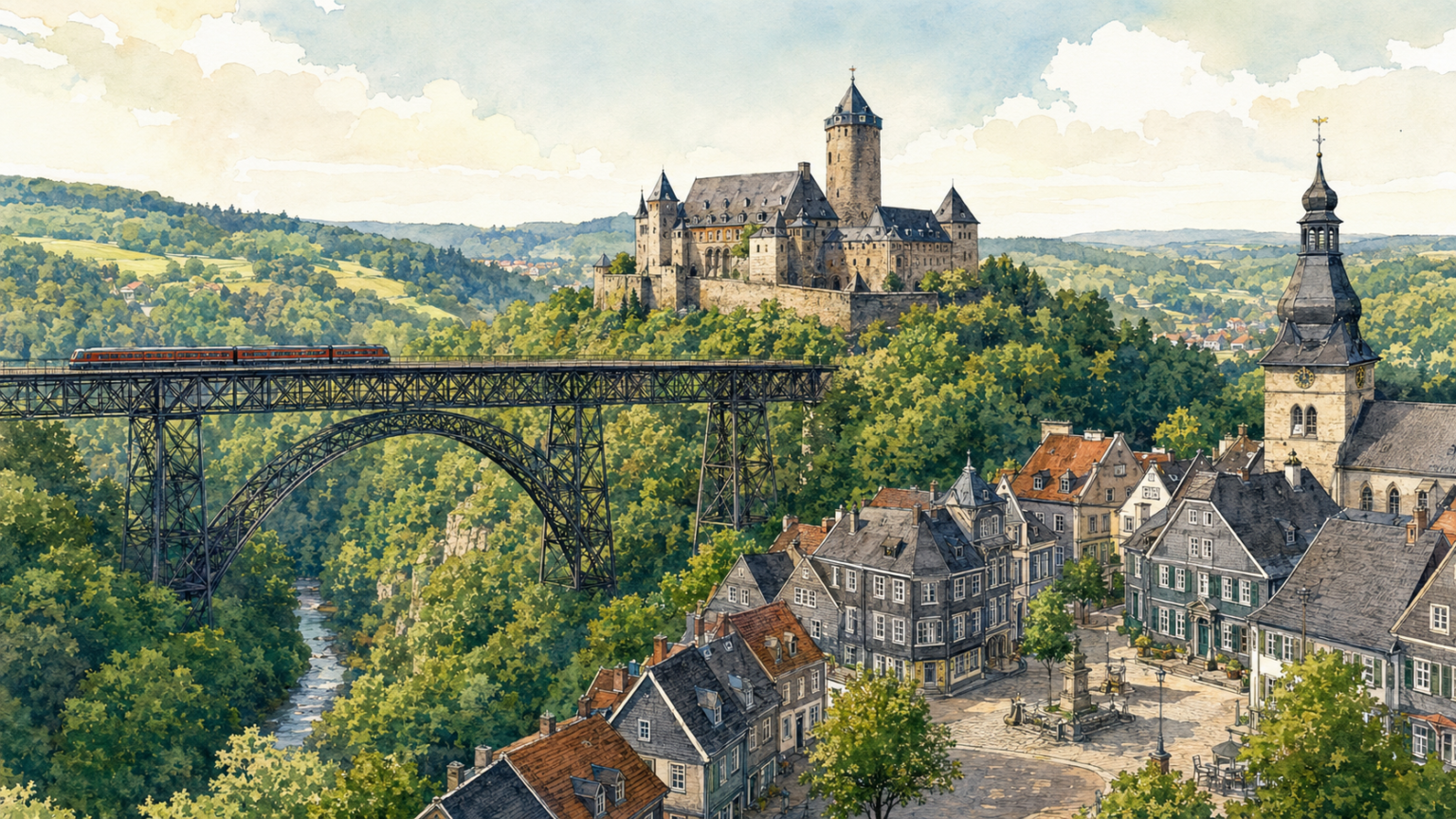 Aquarell mit Schloss Burg, Müngstener Brücke und Gräfrath