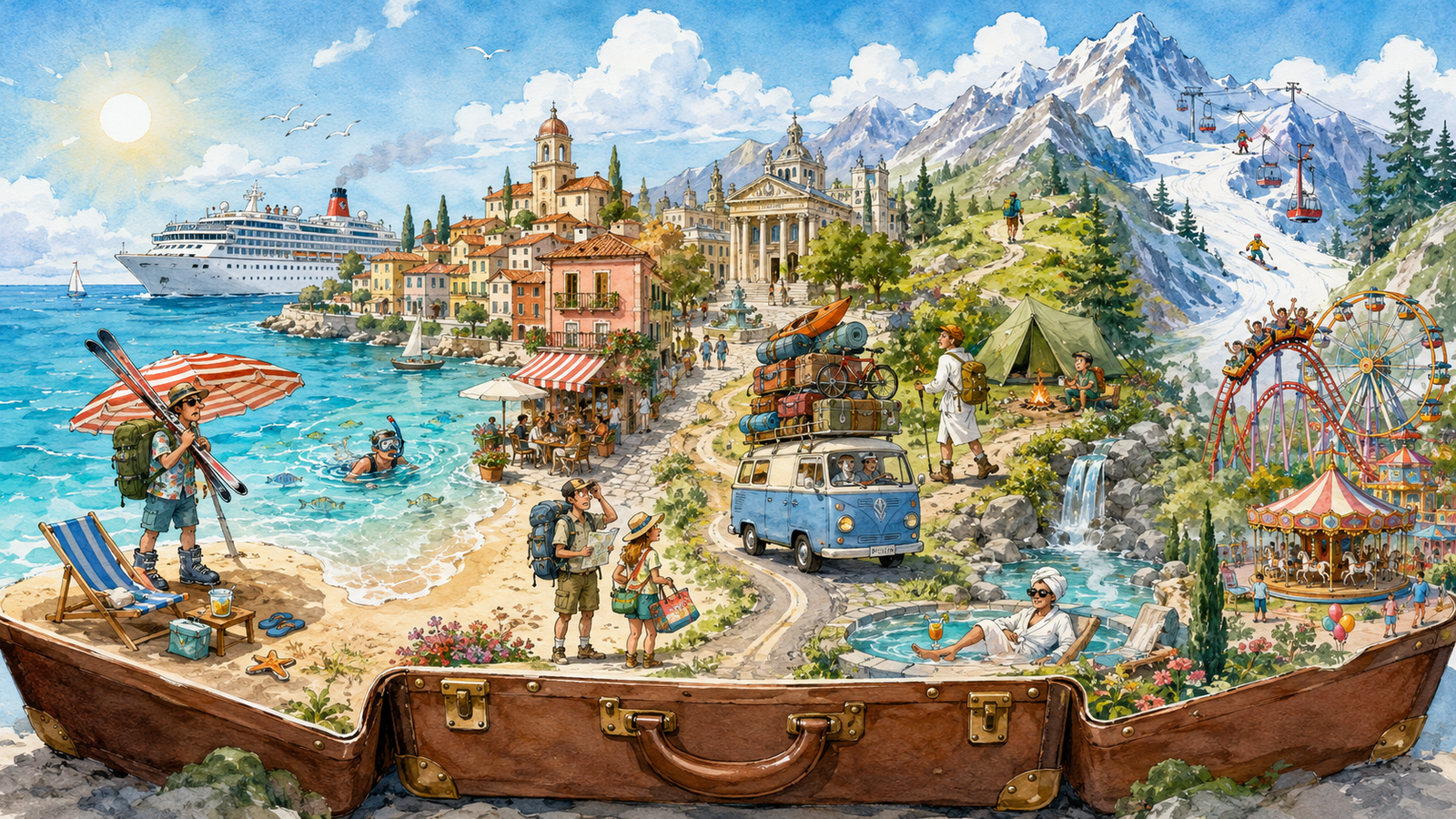 Humorvolles Aquarell mit Badeurlaub, Städtereise, Kreuzfahrt, Camping, Wandern, Ski, Wellness und Freizeitpark