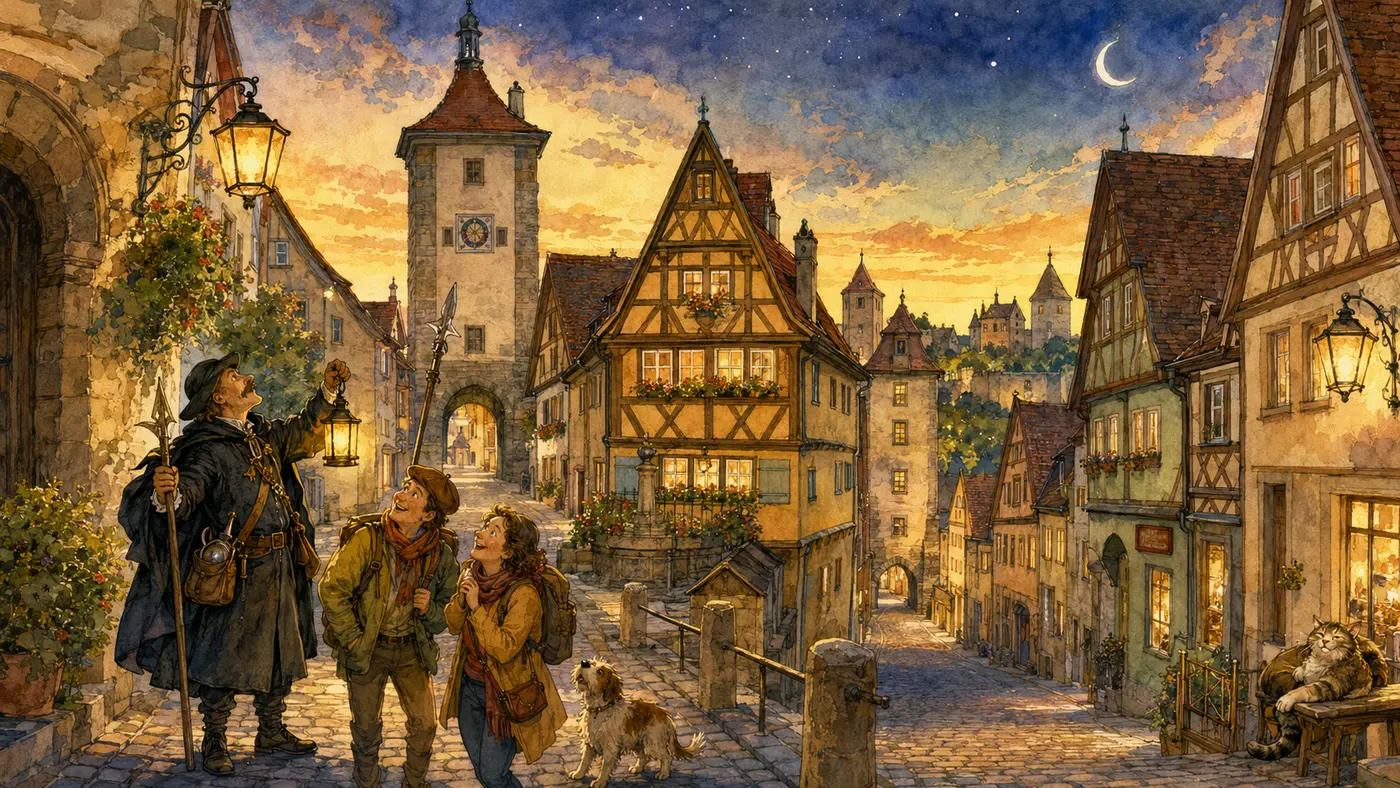 Aquarell der mittelalterlichen Altstadt von Rothenburg ob der Tauber