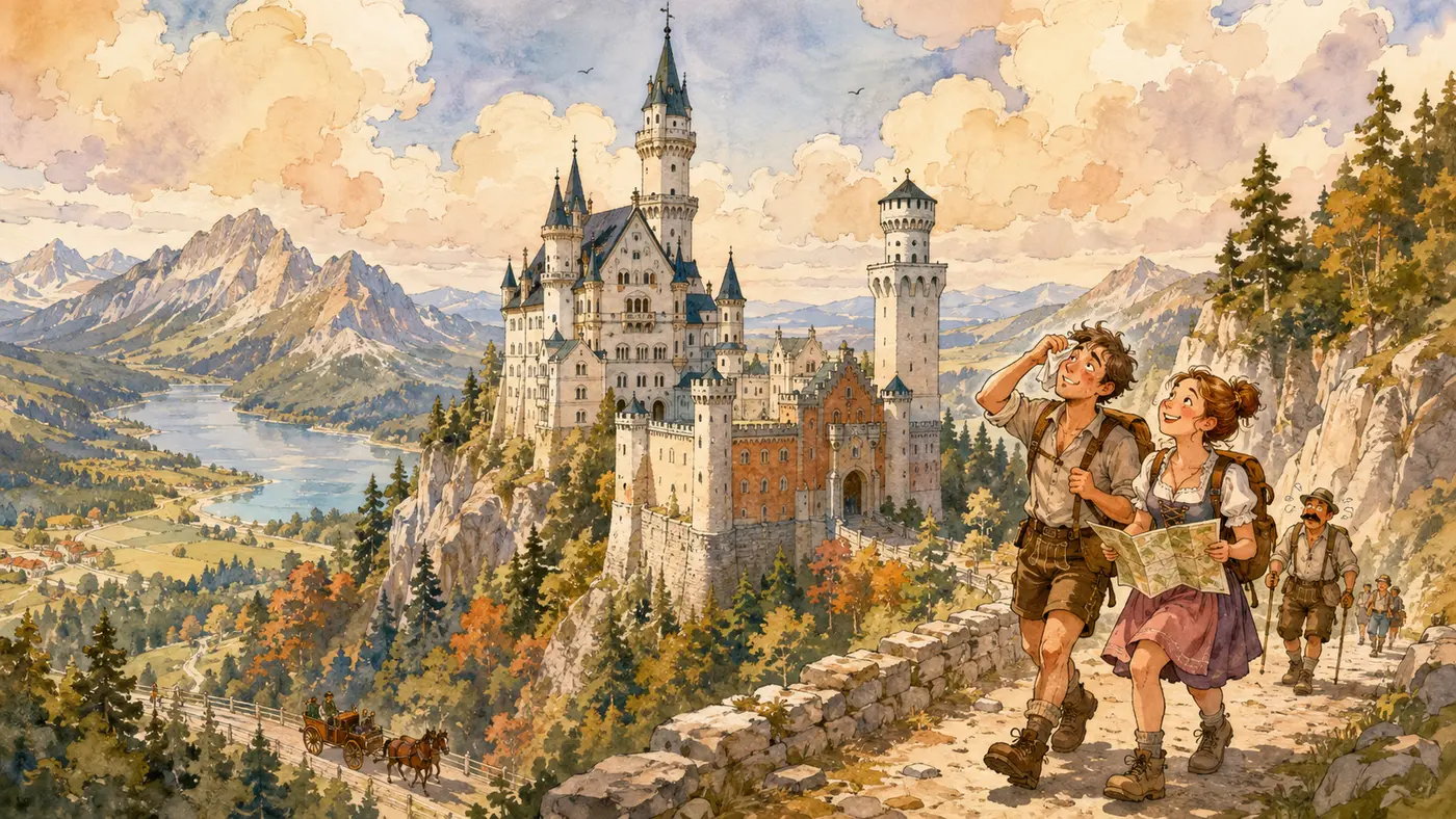 Aquarell von Schloss Neuschwanstein in den Alpen mit Wanderern
