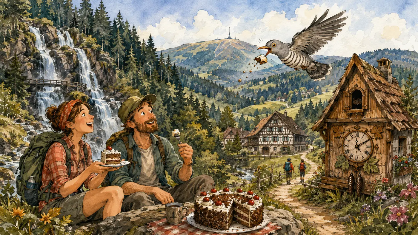 Aquarell vom Schwarzwald mit Wasserfall, Feldberg, Kuckucksuhr und Wanderern