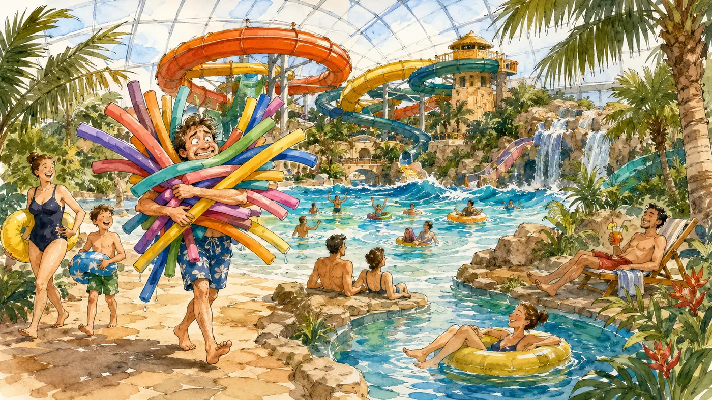 Humorvolles Aquarell der Therme Erding mit Palmen, Becken und Rutschen